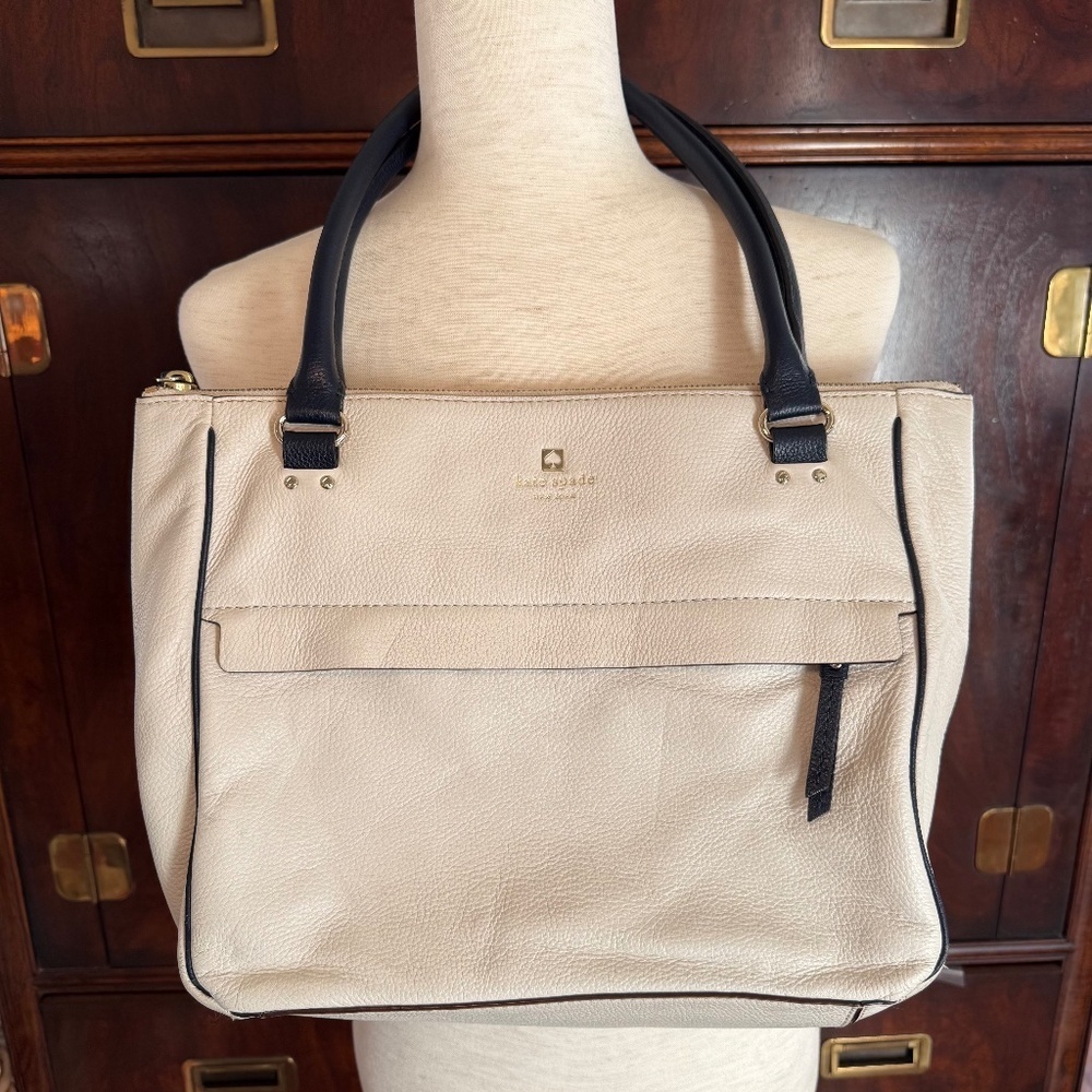 Kate Spade Off-White Leather Tote w/ Navy Blue Trim accents